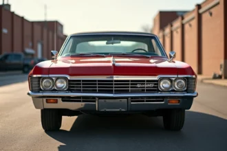 1967 Chevrolet Impala rouge avec boîte automatique visible, vue 3/4 avant sur parking urbain