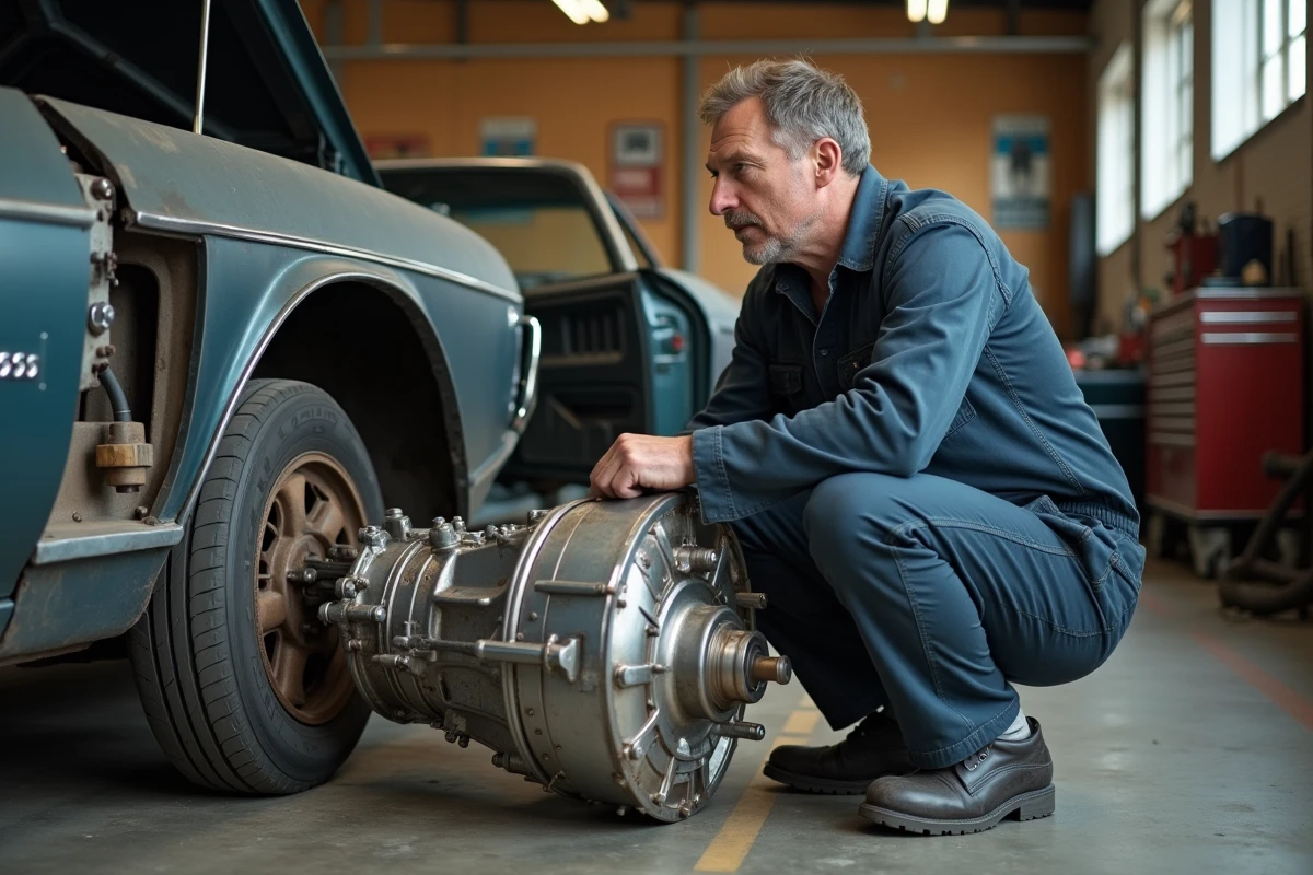 Mécanicien inspectant la boîte manuelle Muncie d'une Chevrolet Impala 1967 dans un garage vintage