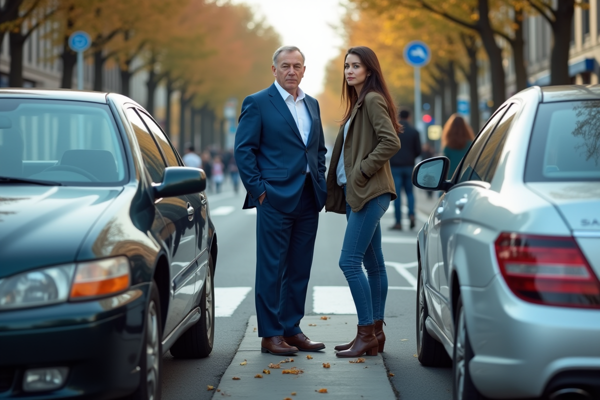 Homme et femme examinant des voitures endommagées en ville