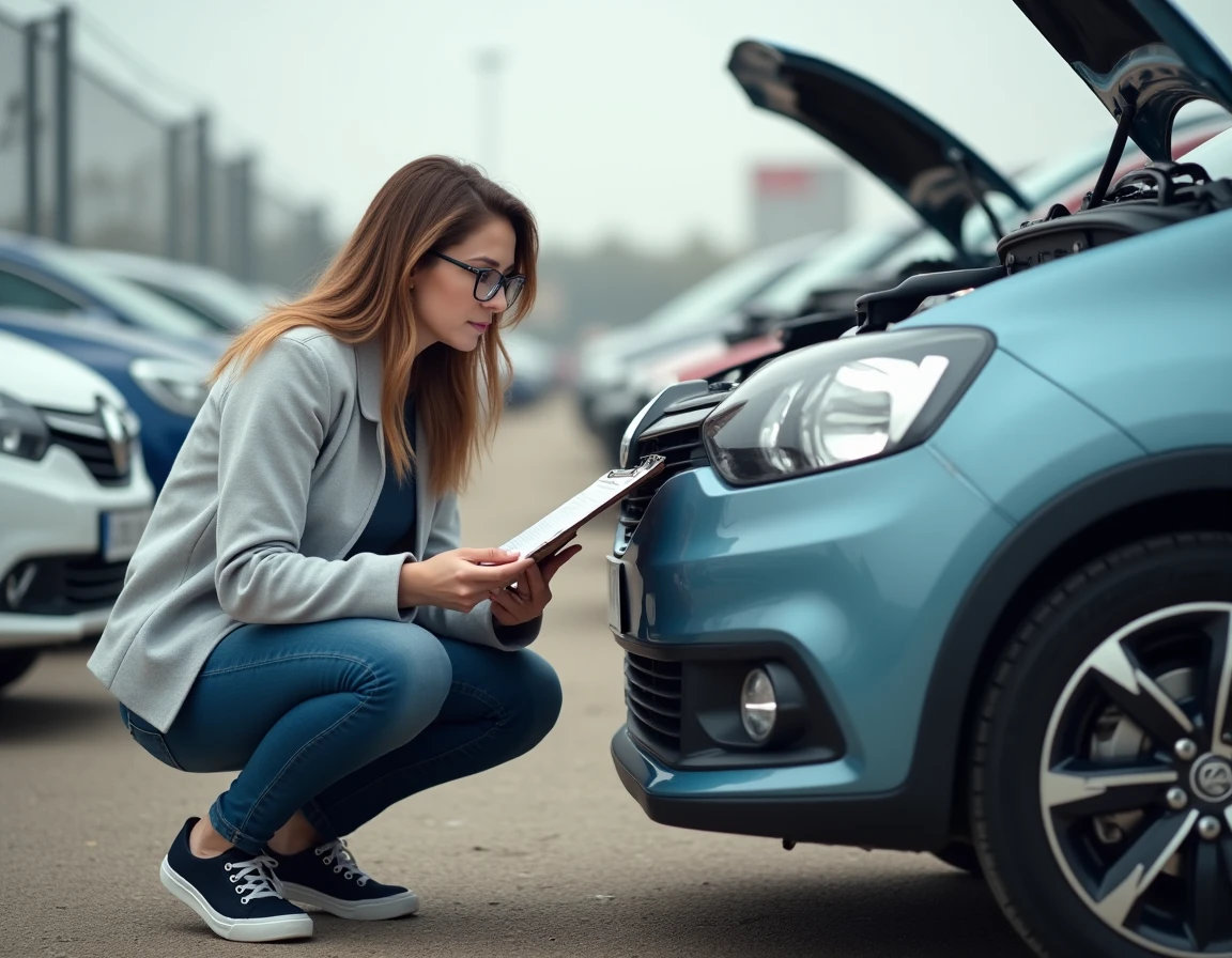 Acheteuse inspectant le moteur d'une Renault avec une liste de vérification avant achat dans un parc automobile