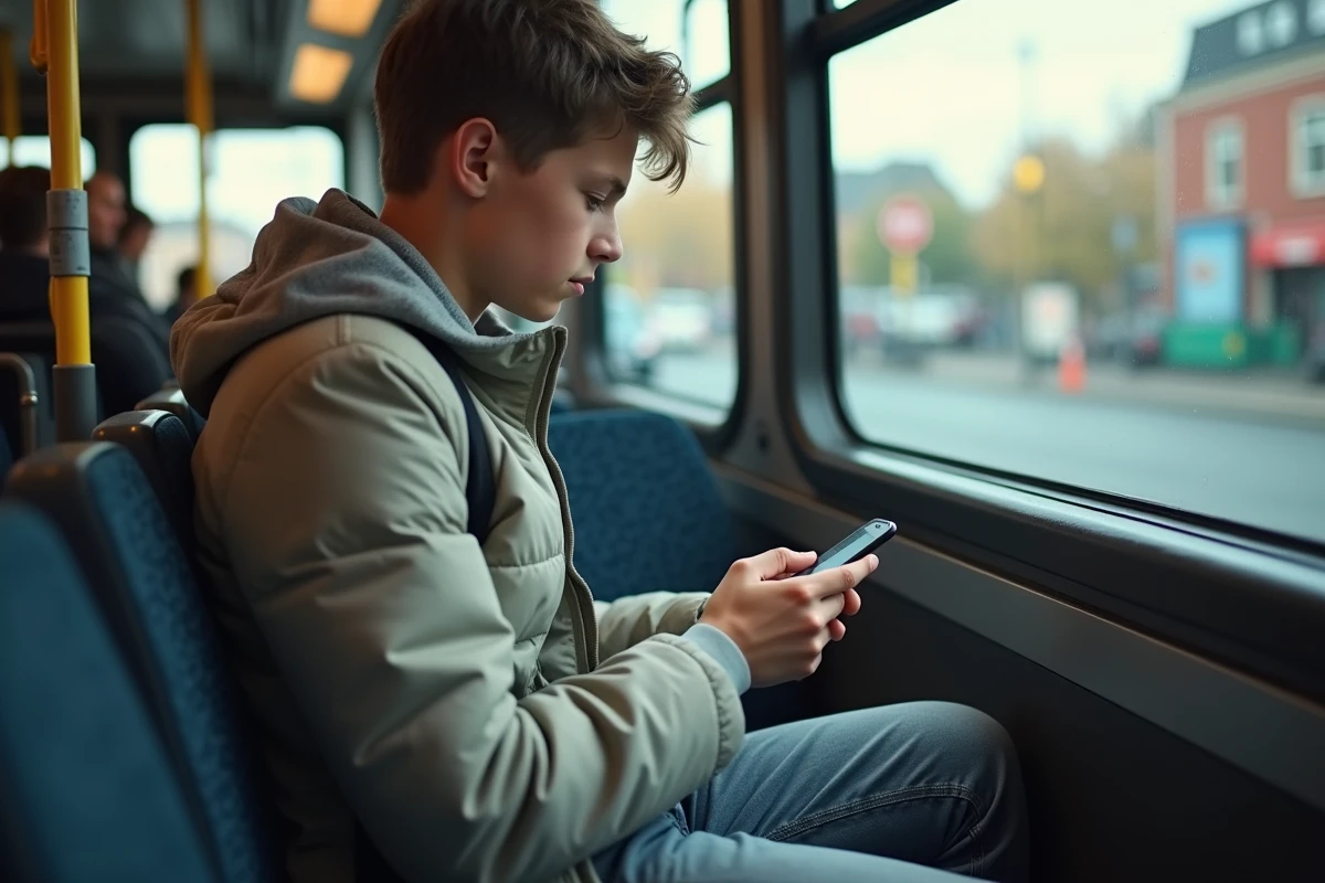 Adolescent utilisant une application de conduite dans le bus