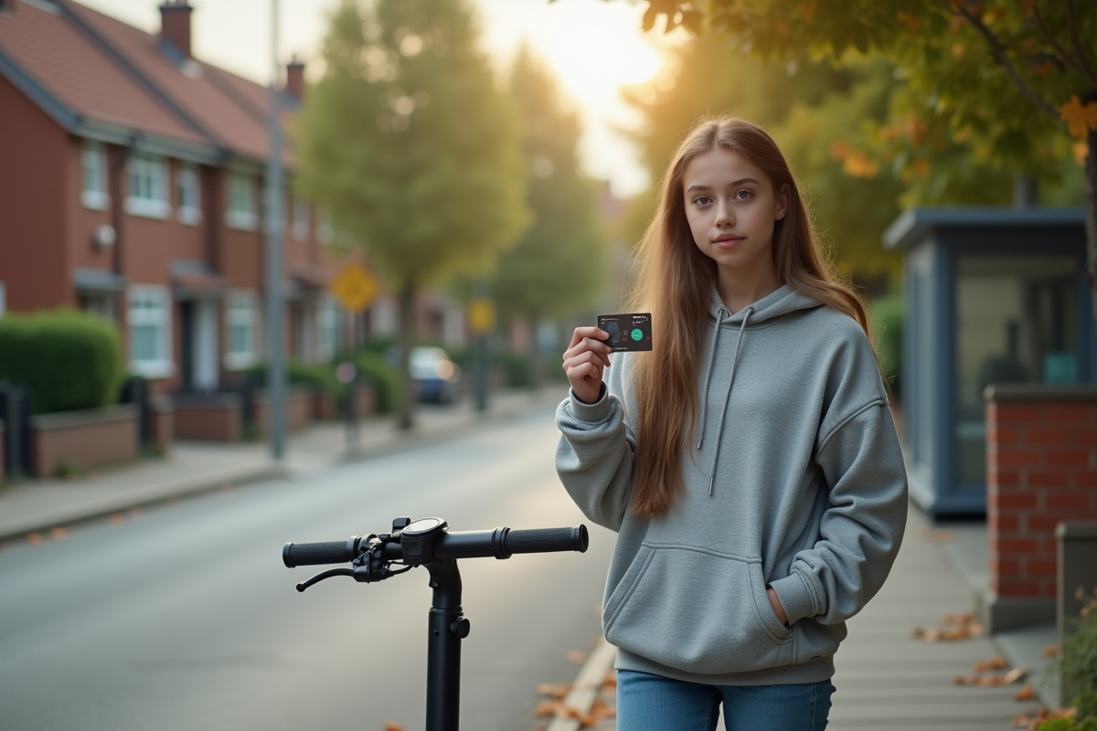 Jeune fille avec scooter et permis dans quartier résidentiel