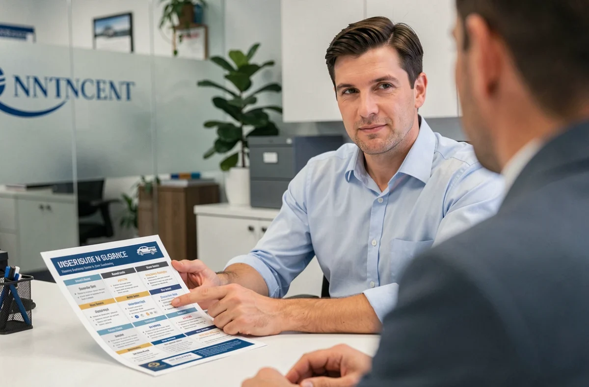 Agent d'assurance présentant un comparatif d'assurances auto à un client dans une agence professionnelle