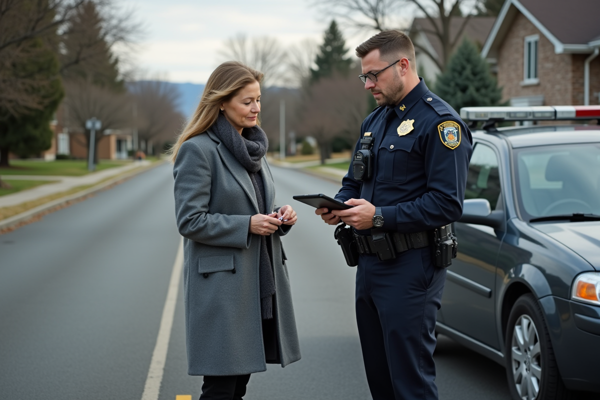 Policier rédigeant un rapport avec une femme observant la voiture