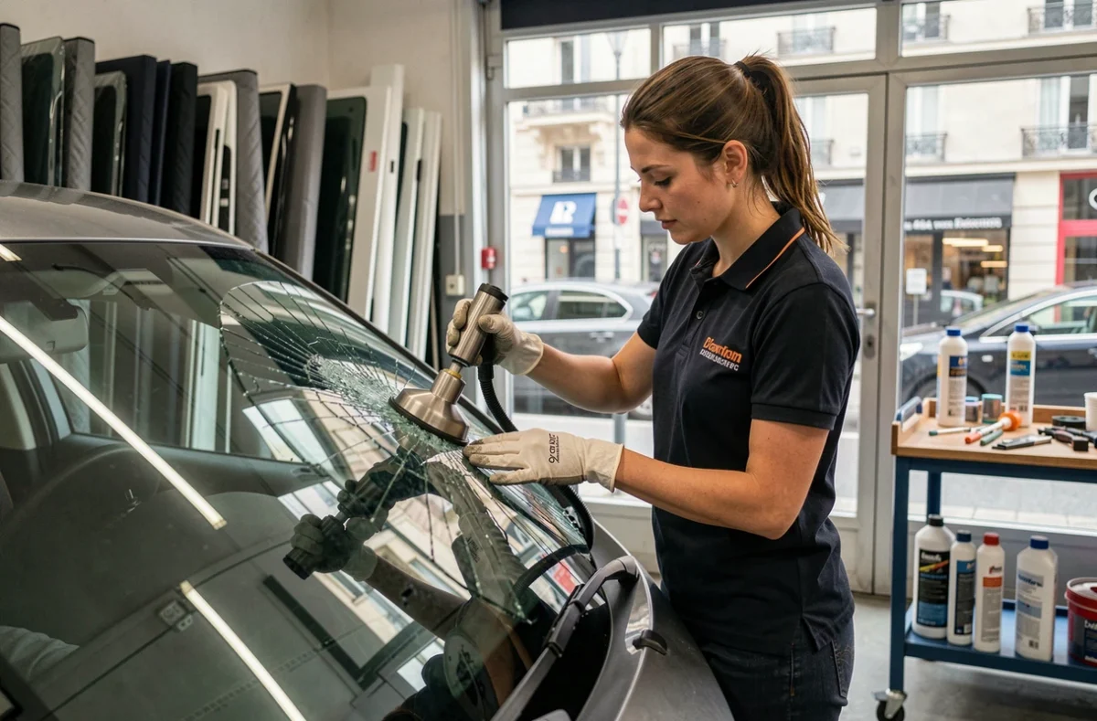 Technicienne spécialisée en vitrage automobile remplaçant un pare-brise dans l'atelier A+Glass Paris XX du 20e arrondissement