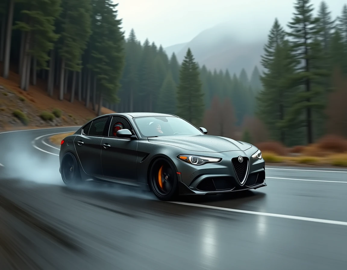 Alfa Romeo Giulia 6 Underground en drift sur route de montagne mouillée, fumée des pneus, forêt de pins en arrière-plan flou