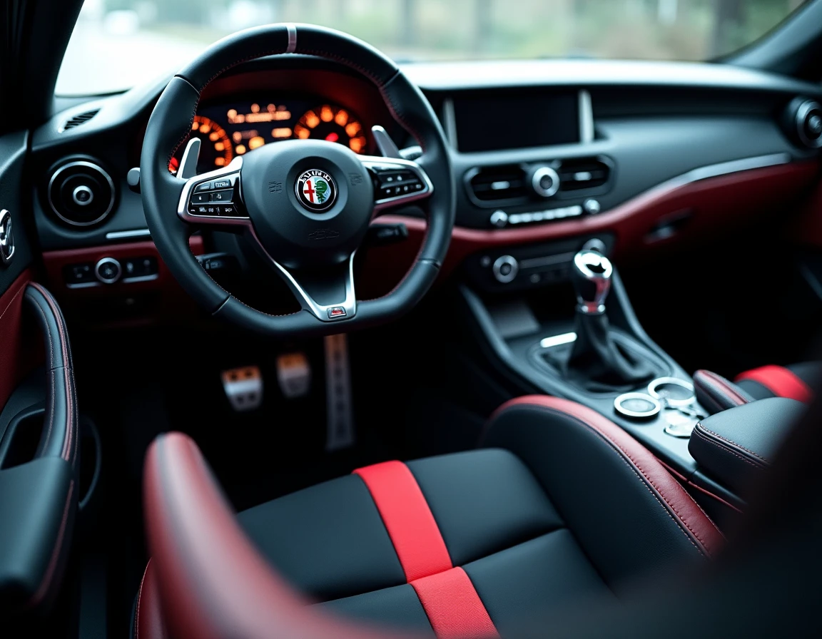 Intérieur cockpit racing de l'Alfa Romeo Giulia 6 Underground, fibre de carbone, harnais rouge et volant plat, tableau de bord numérique