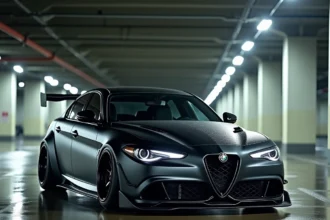Alfa Romeo Giulia 6 Underground en kit carrosserie agressif dans un parking souterrain urbain, vue avant trois-quarts, finition matte noire