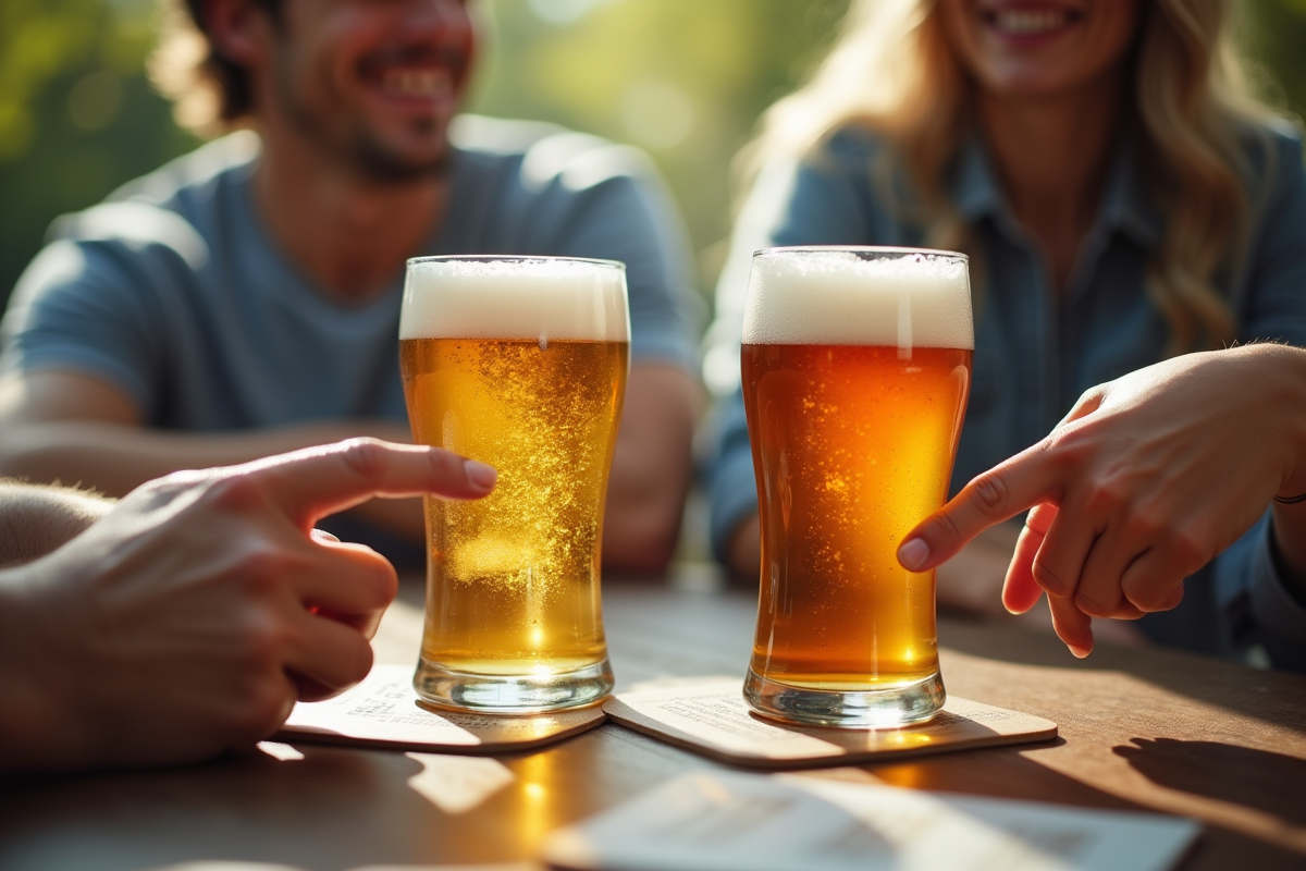 Deux amis dégustant des bières en extérieur avec carte de pourcentages