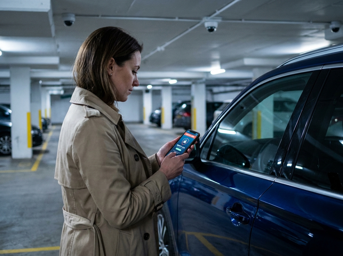 Femme consultant une application de sécurité automobile sur smartphone dans un parking souterrain