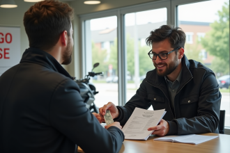 Apprenti en moto remettant argent et documents au moniteur