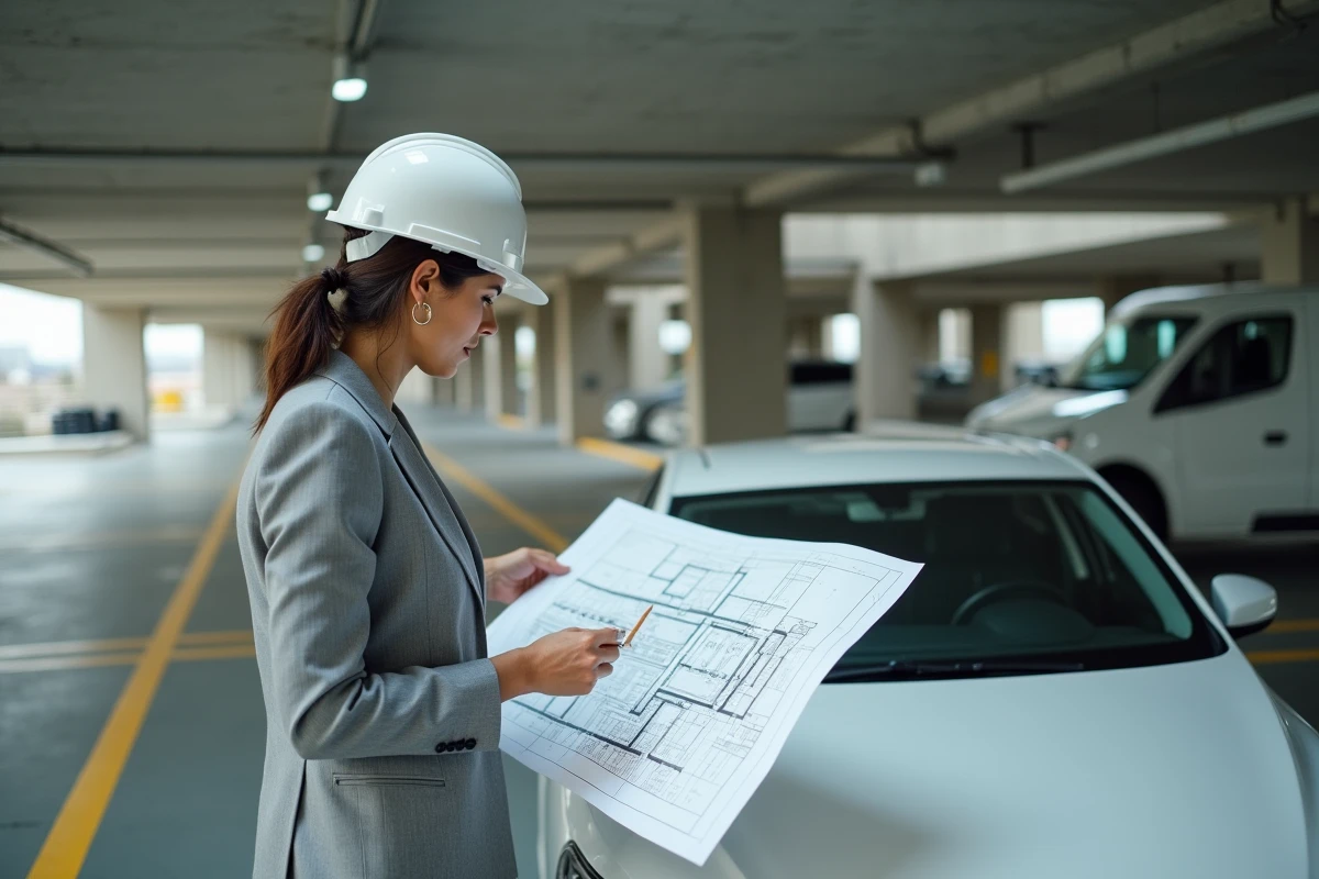 Architecte consultant un plan technique de parking souterrain avec dimensions des places réglementaires
