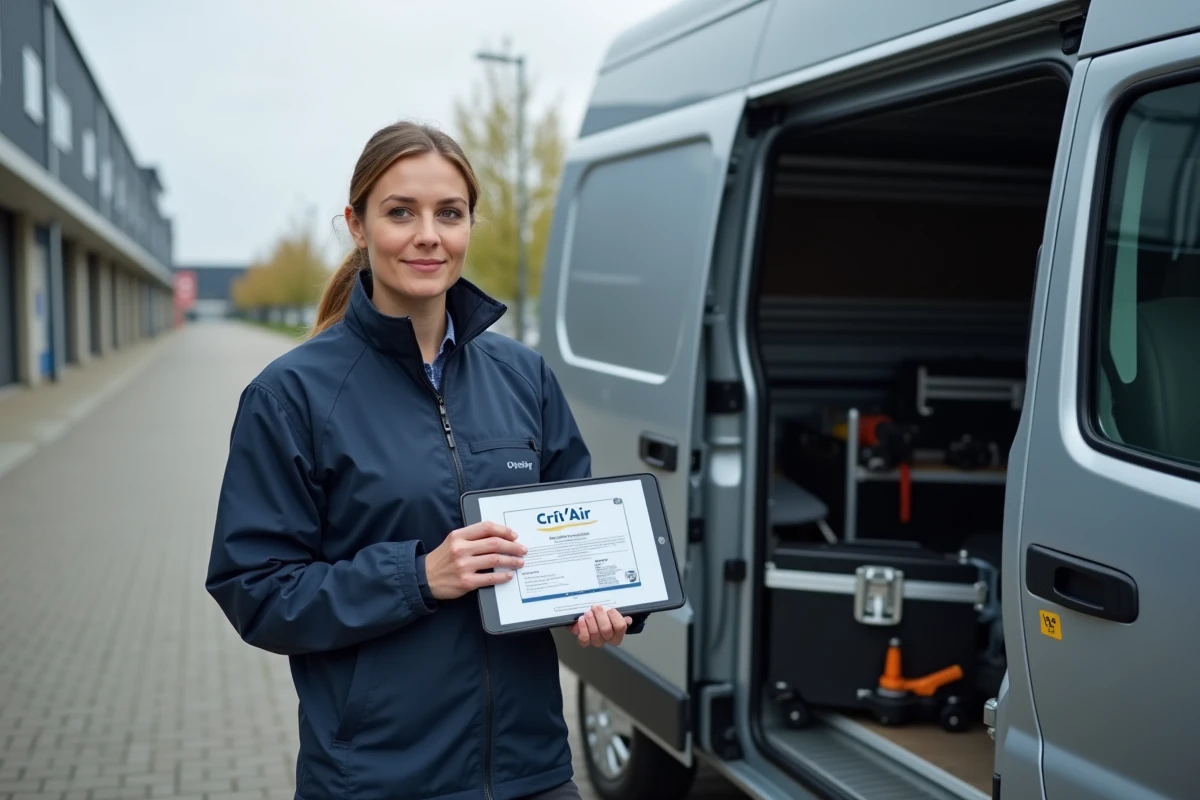 Artisane professionnelle consultant sa certification Crit'Air sur tablette devant son utilitaire à Rennes