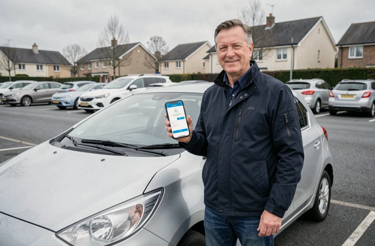 Homme consultant son application d'assurance auto sans acompte initial à côté de son véhicule