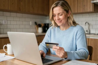 Femme souscrivant une assurance auto en ligne sans premier versement depuis son domicile