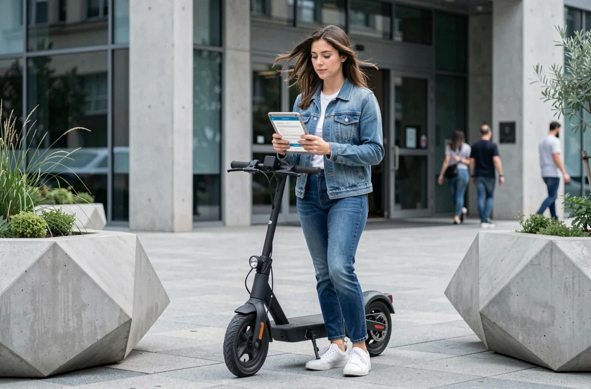 Jeune femme souscrivant une assurance scooter en ligne sur tablette devant un bâtiment moderne, sans BSR