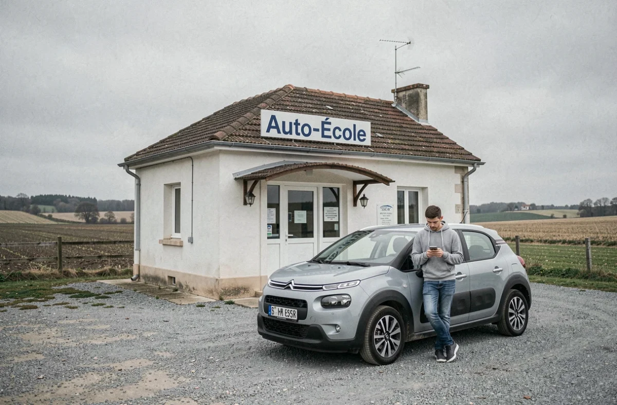 Extérieur de l'auto-école de Graçay avec un élève et une voiture à doubles commandes