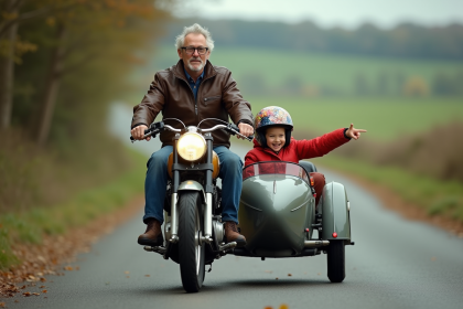 Homme en moto avec fille en sidecar sur route de campagne