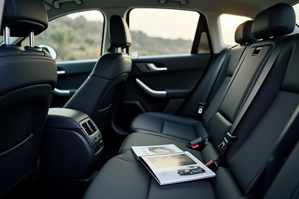 Banquette arrière de la Peugeot 308 avec brochure d'options posée sur le siège, détail des matériaux et finitions intérieures