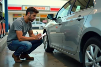 Homme notant le kilométrage de sa voiture à la station-service pour calculer la consommation d'essence