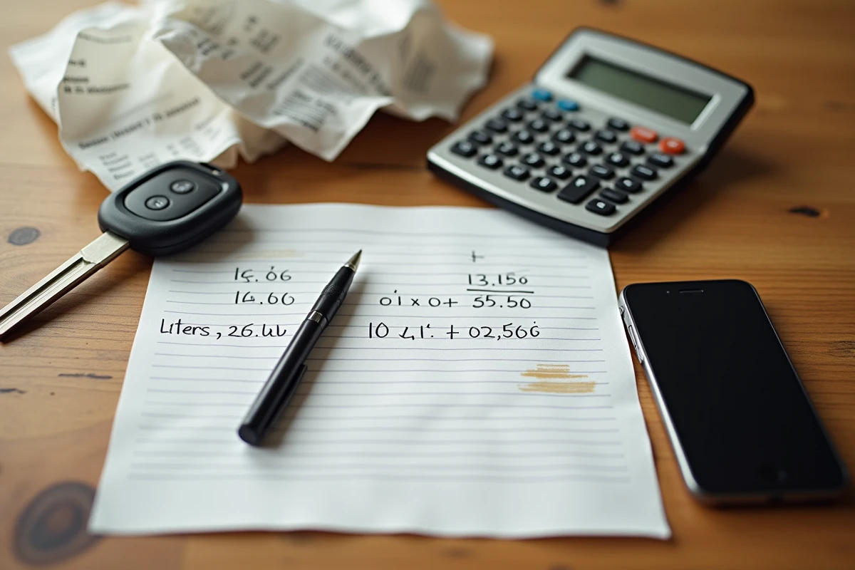 Vue de dessus d'un calcul manuscrit de consommation d'essence avec reçu de carburant et calculatrice sur une table