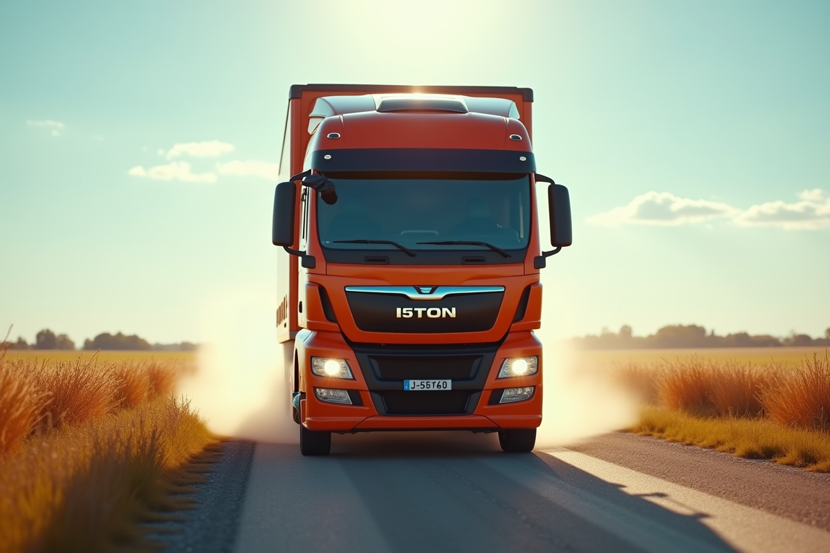 Camion de fret roulant sur une route rurale ensoleillee