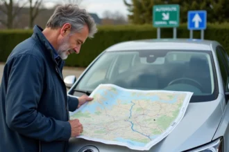 Homme consultant une carte d'autoroutes françaises posée sur le capot de sa voiture dans une aire de repos