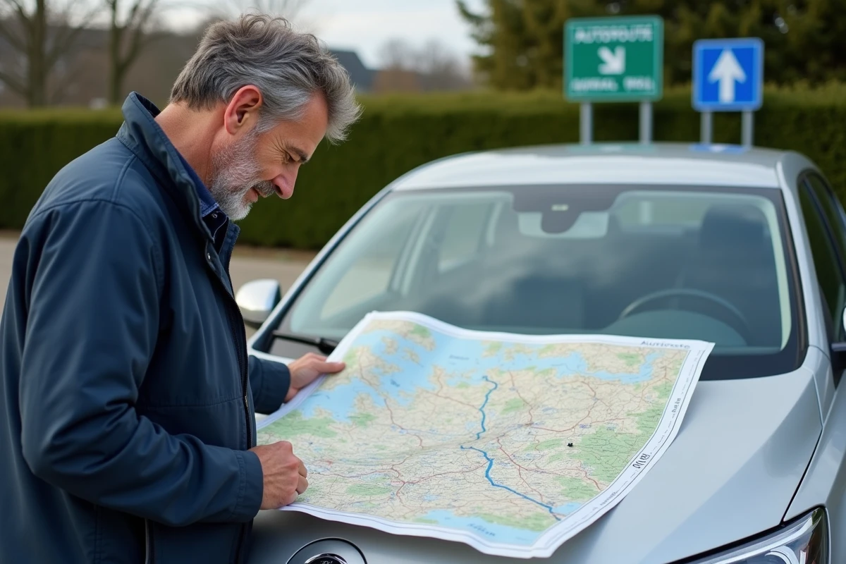 Homme consultant une carte d'autoroutes françaises posée sur le capot de sa voiture dans une aire de repos