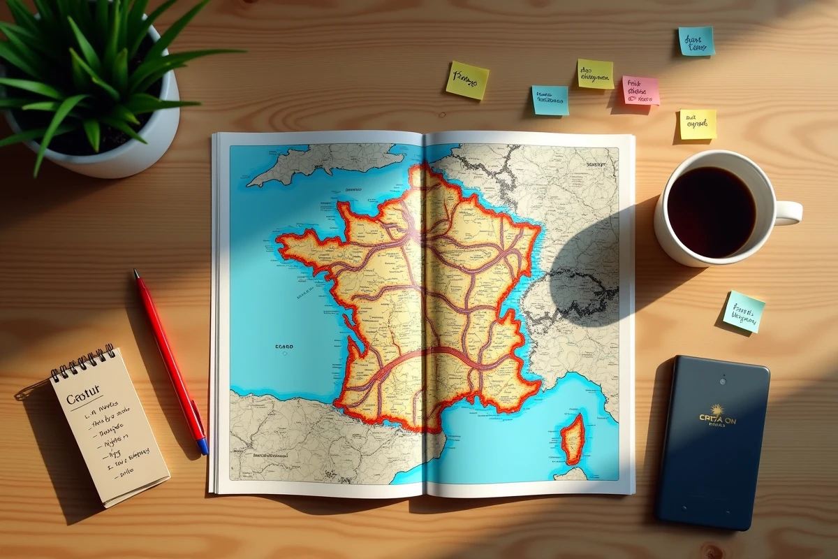 Vue du dessus d'une carte routière des autoroutes françaises sur un bureau avec stylo et notes de voyage