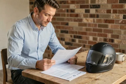 Homme consultant des documents d'assurance scooter à une table en bois avec un casque posé à côté