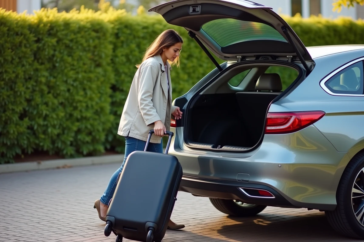 Femme chargeant une valise dans le coffre d'une berline 2026 illustrant la hauteur du seuil de chargement