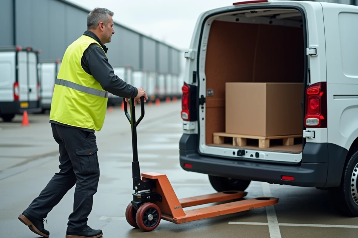 Livreur poussant un transpalette chargé vers l'arrière d'un Peugeot Expert dans un parc logistique