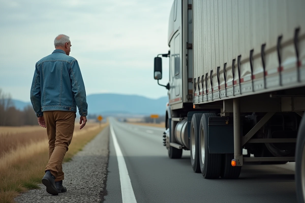 Chauffeur routier inspectant un porteur et sa remorque en location sur une aire de repos en milieu rural