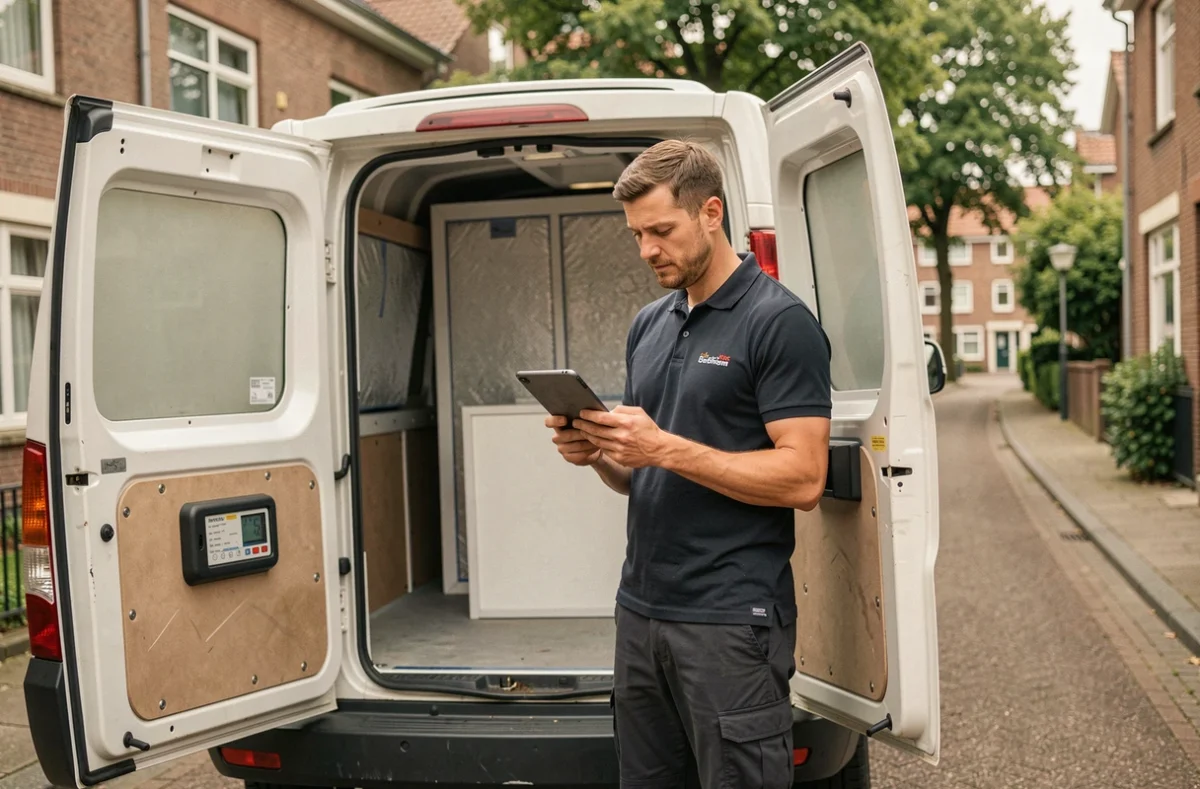 Chauffeur livreur consultant une tablette devant une camionnette frigorifique pour la livraison du dernier kilomètre