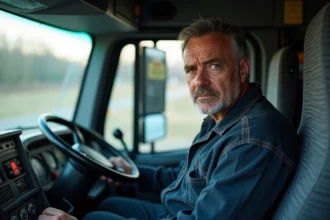 Chauffeur routier fatigué consultant le tachygraphe de son camion pour vérifier les temps de conduite réglementaires