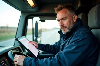 Conducteur de camion dans la cabine moderne avec écran tactile
