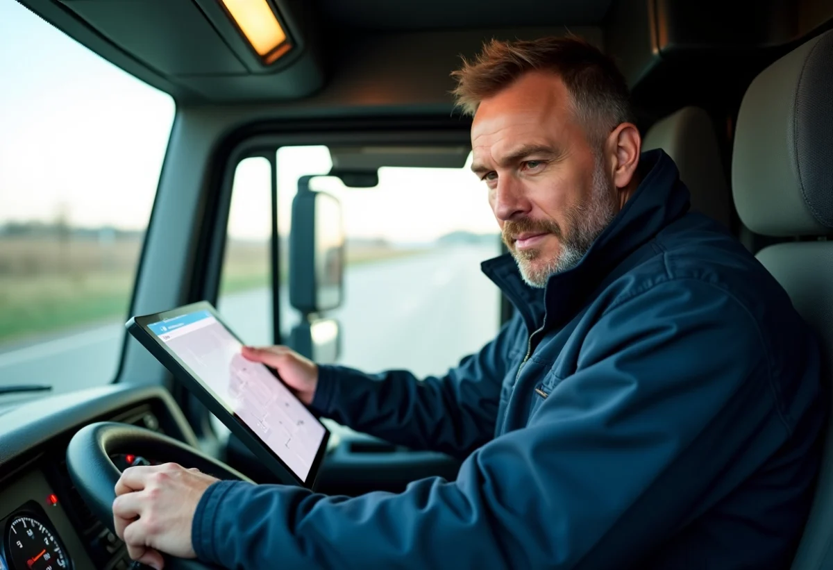 Conducteur de camion dans la cabine moderne avec écran tactile