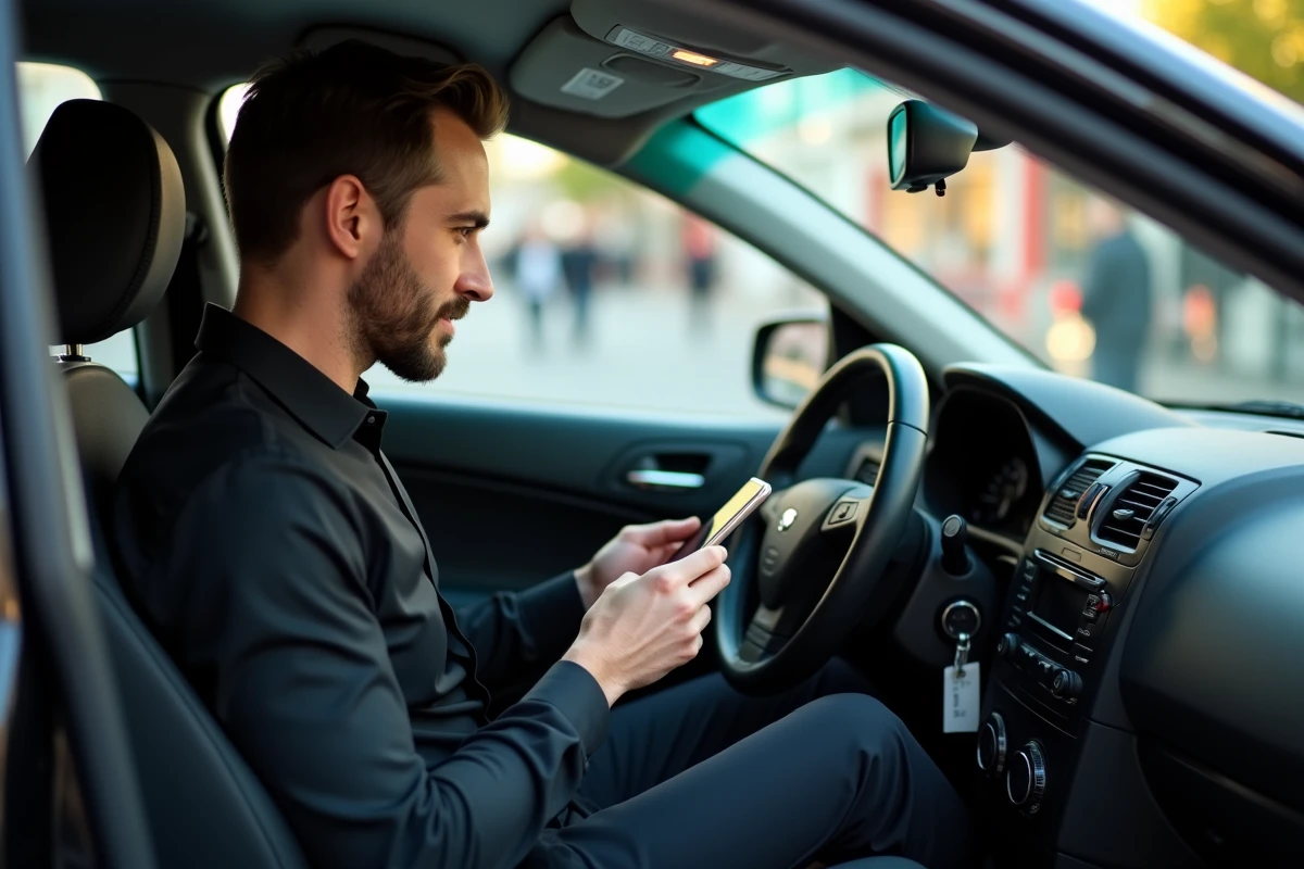 Chauffeur VTC professionnel avec vignette Crit'Air visible sur son véhicule en centre-ville de Rennes