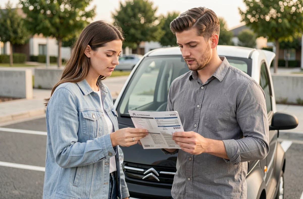 Couple consultant une brochure tarifaire devant une Citroën Ami 4 places dans un parking suburban