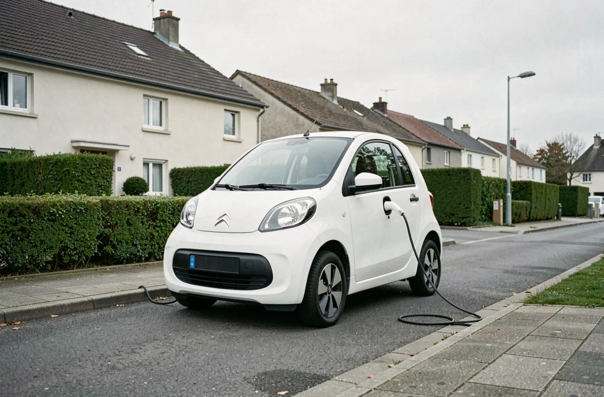 Citroën Ami 4 places en charge sur une borne résidentielle dans un quartier pavillonnaire français
