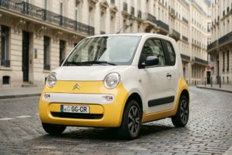 Citroën Ami 4 places garée dans une rue urbaine pavée en France, vue trois-quarts avant