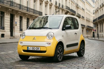 Citroën Ami 4 places garée dans une rue urbaine pavée en France, vue trois-quarts avant