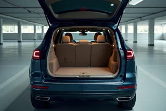 Coffre ouvert d'un SUV 2026 vue en angle arrière montrant le volume et l'aménagement intérieur du coffre