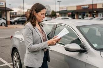 Femme comparant des documents d'assurance auto tiers et tous risques à côté de sa voiture en ville