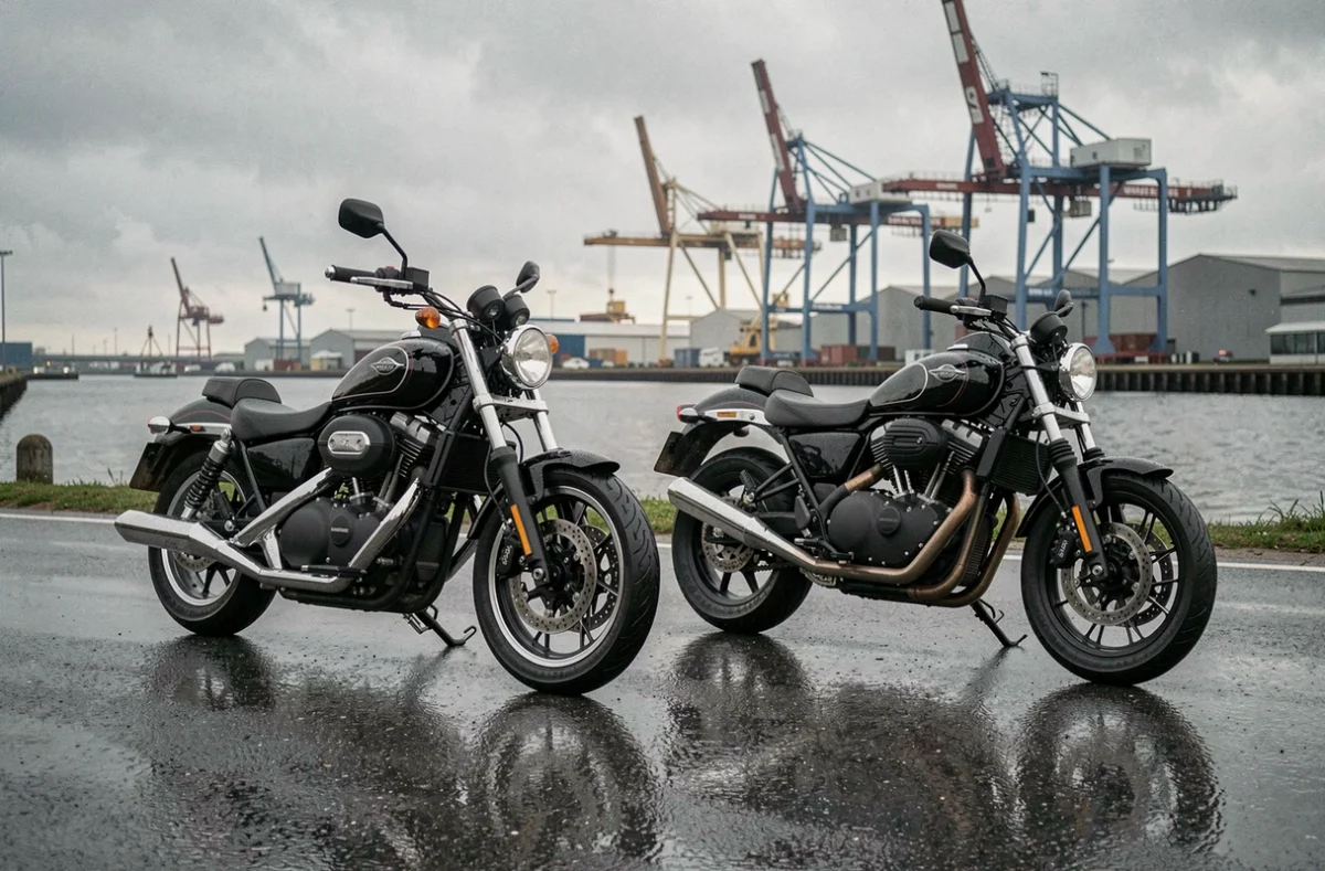 Deux motos garées côte à côte près du canal industriel de Dunkerque pour comparer les assurances