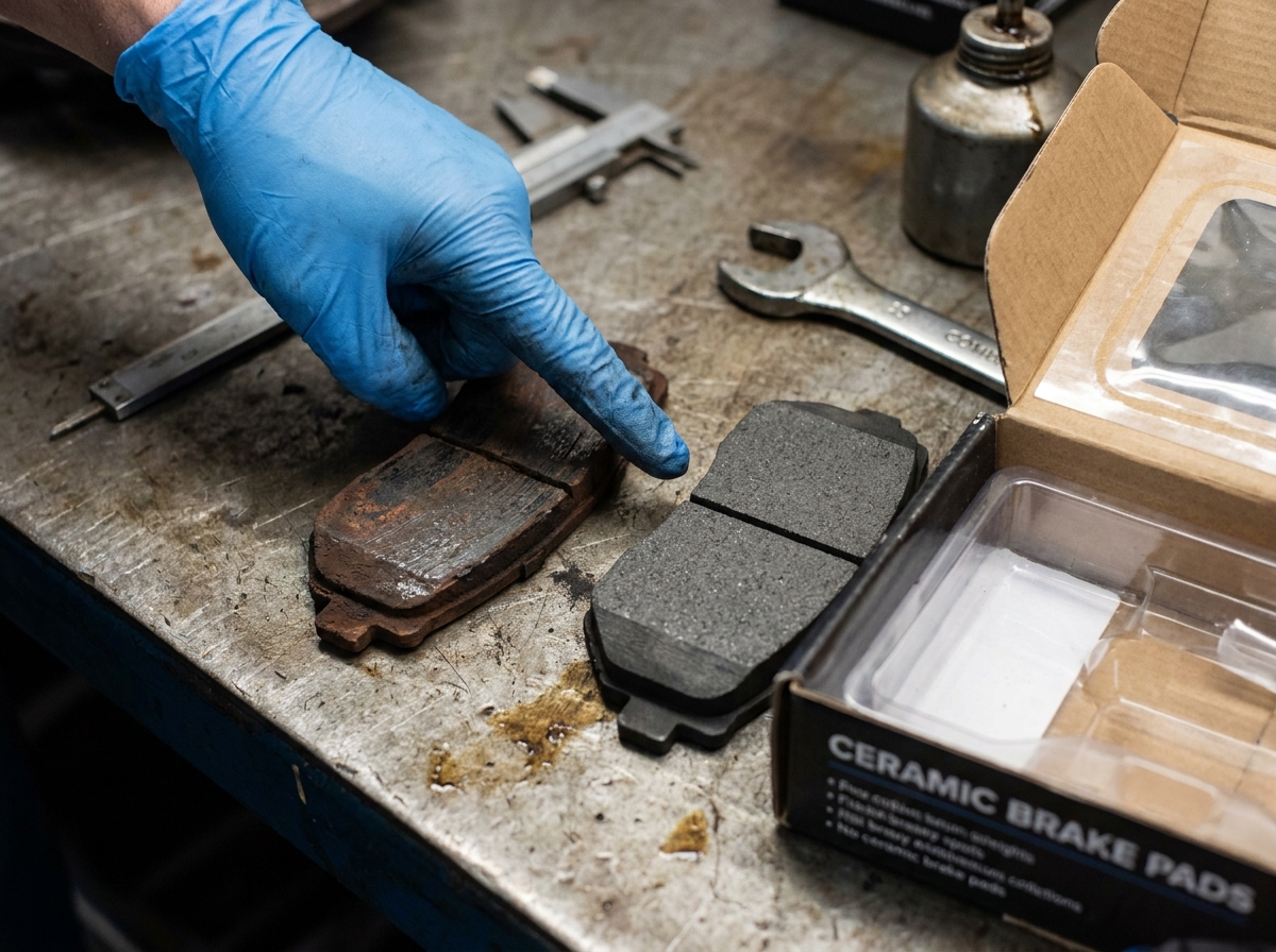 Comparaison visuelle entre une plaquette de frein usagée et une plaquette neuve sur un établi de garage