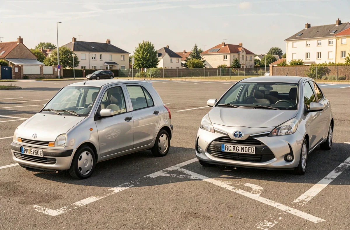 Comparaison côte à côte entre une Toyota Yaris Sport et une citadine classique argentée dans un parking suburban