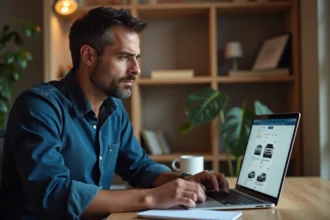 Homme comparant des annonces de voitures d'occasion sur un site web depuis son bureau à domicile
