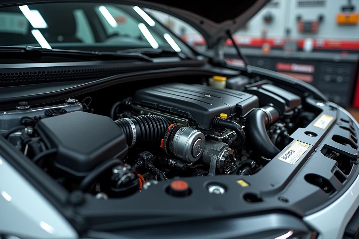 Compartiment moteur turbo avec connecteur OBD branché pour une reprogrammation Shiftech en atelier spécialisé