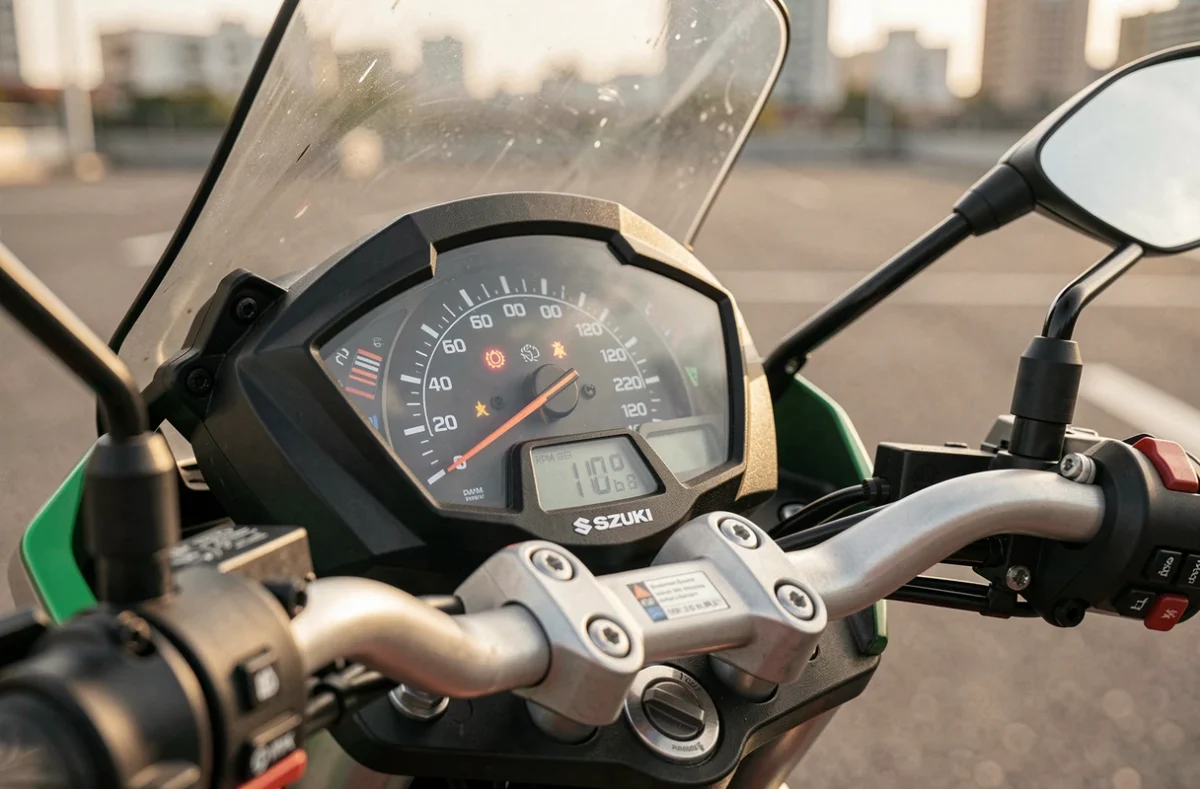 Gros plan sur le tableau de bord et le compteur de vitesse d'une Suzuki GSX-S 125, affichant la plage de vitesse maximale du petit roadster 125cc